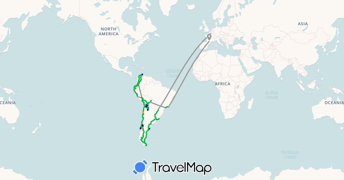 TravelMap itinerary: driving, bus, plane, hiking, boat, hitchhiking in Argentina, Bolivia, Brazil, Chile, Colombia, Ecuador, France, Peru, Uruguay (Europe, South America)